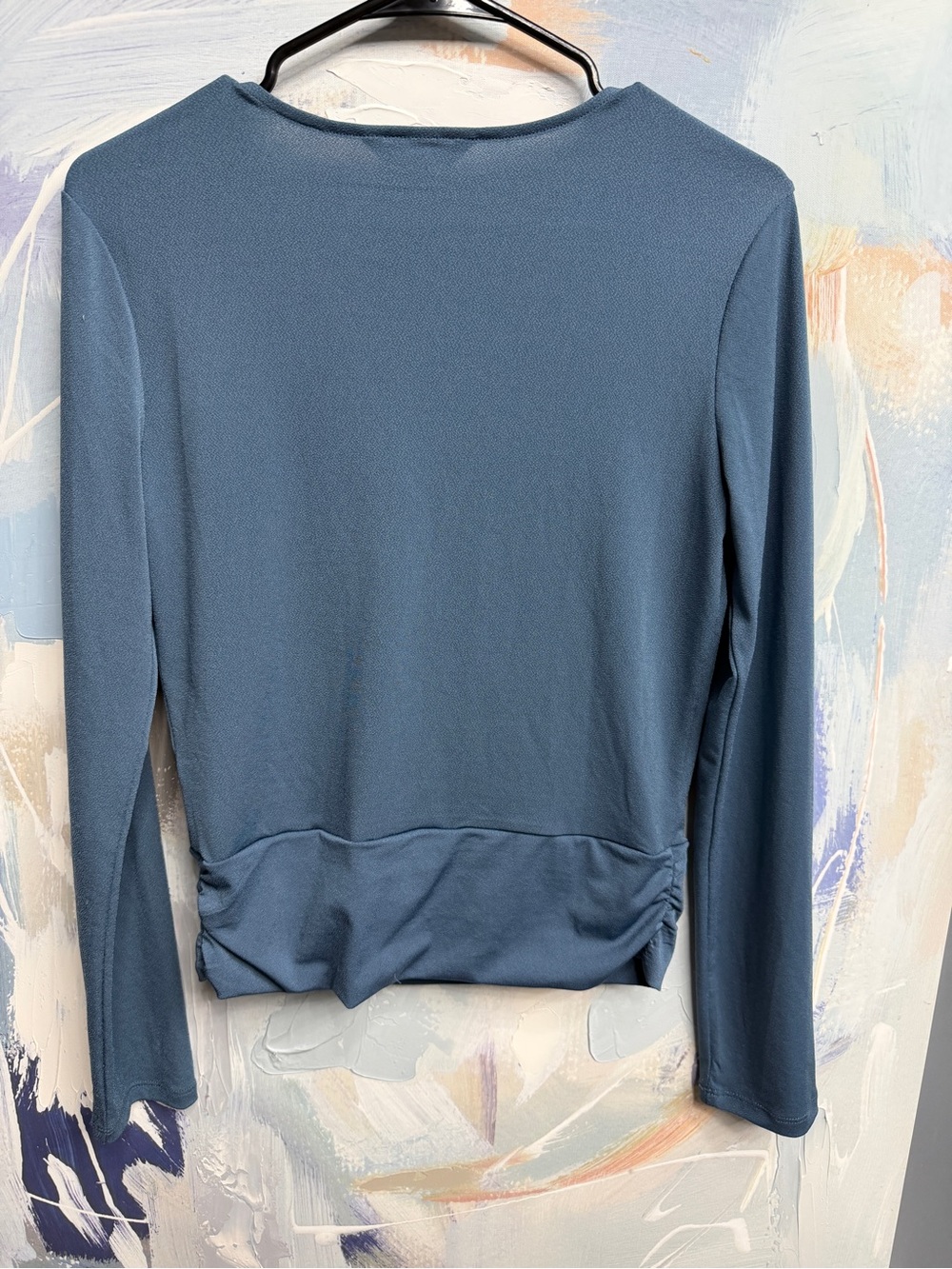 Banana Republic Blue Gray Wrap Top Small Long Sleeve V Neck Stretch Crepe - Picture 7 of 12